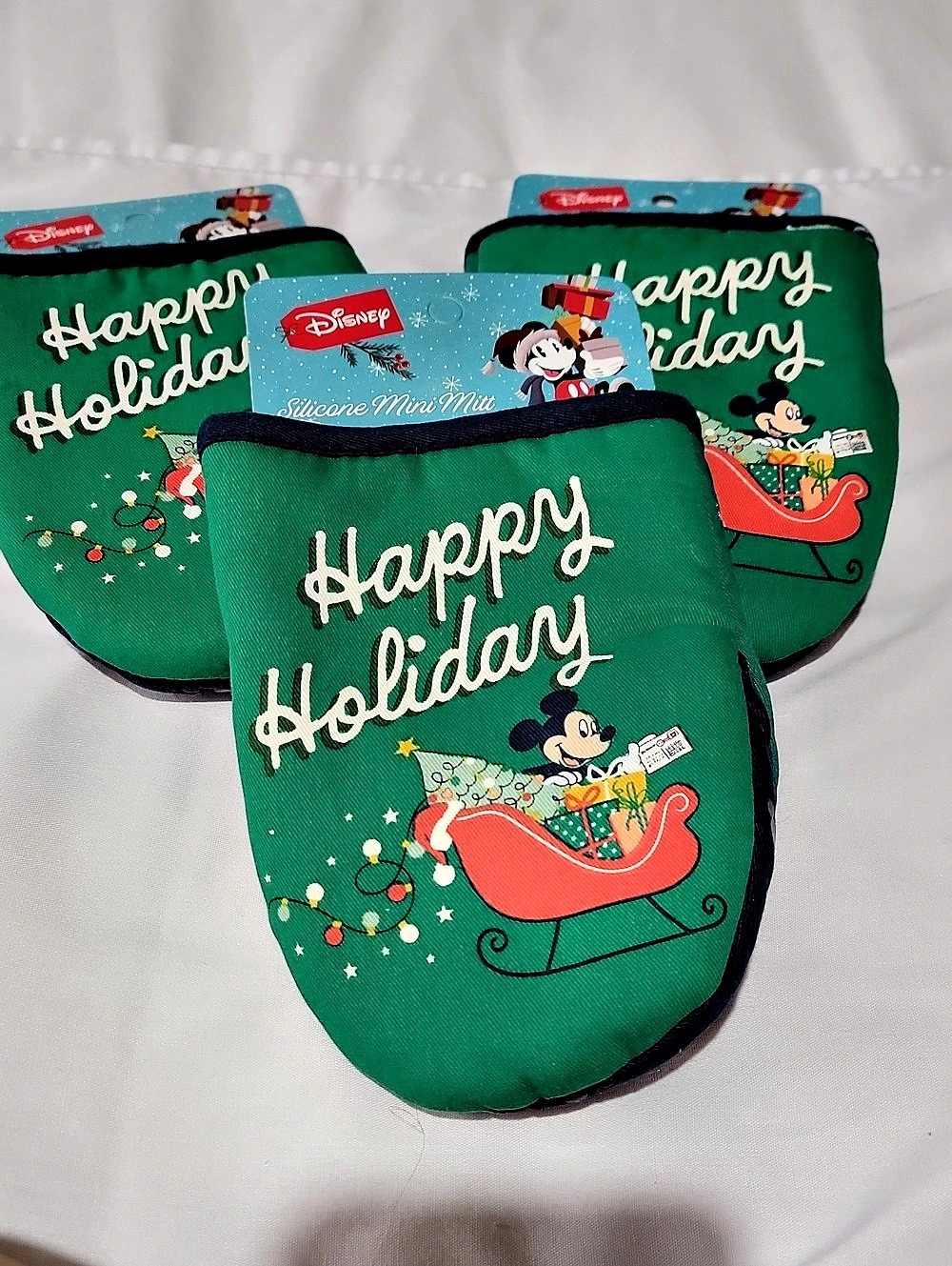 Disney Mickey Mouse Happy Holiday Silicone Mini Mitt Set Of 3 Green & Blue